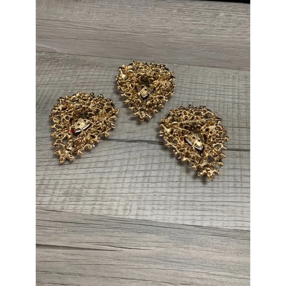 Set of 3 Red Rhinestone Gold Tone‎ Filigree Brooches Floral Heart Crystal Pins